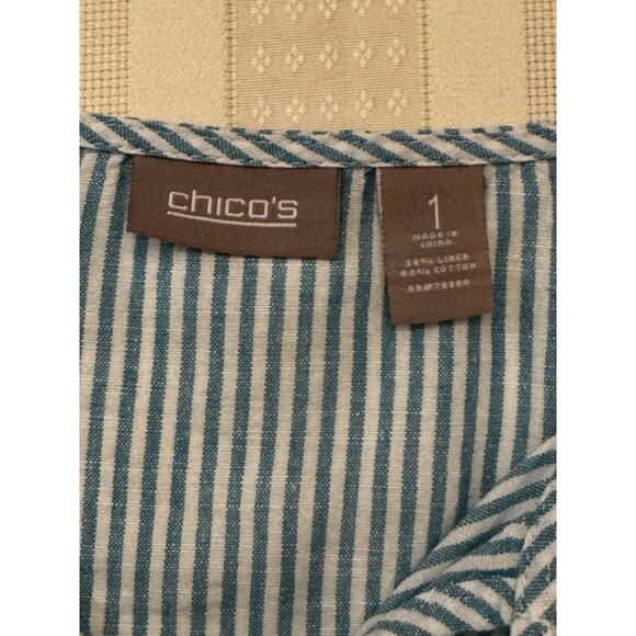 Chico's Pullover Tunic Top Sz 1 M Teal White Stripe Linen Blend Beach Resort - Picture 9 of 10